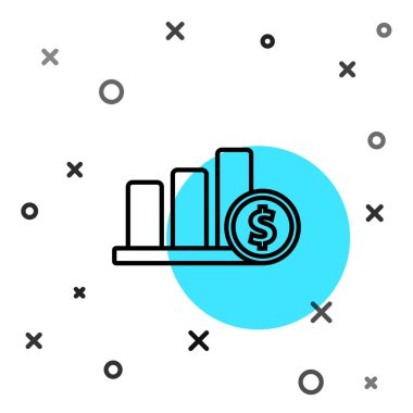 Beyaz arkaplanda siyah çizgi turta grafikleri ve dolar sembolü izole edildi. Diyagram çizelgesi. Rastgele dinamik şekiller. Vektör İllüstrasyonu