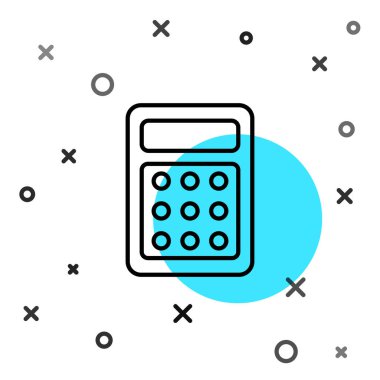 Siyah çizgi hesap makinesi simgesi beyaz arkaplanda izole edildi. Muhasebe sembolü. İş hesaplamaları matematik eğitimi ve finans. Rastgele dinamik şekiller. Vektör İllüstrasyonu
