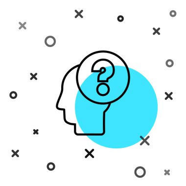 Beyaz arka planda soru işareti simgesi olan siyah çizgi insan kafası. Rastgele dinamik şekiller. Vektör İllüstrasyonu