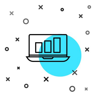Grafik çizelgesi simgesi beyaz arkaplanda izole edilmiş siyah çizgi dizüstü bilgisayarı. Metin dosya simgesini rapor et. Muhasebe tabelası. Denetim, analiz, planlama. Rastgele dinamik şekiller. Vektör İllüstrasyonu