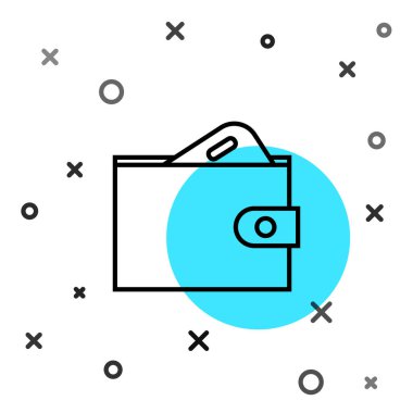 Siyah çizgili cüzdan beyaz arka planda izole edilmiş kağıt para para ikonu. Çanta ikonu. Nakit tasarruf sembolü. Rastgele dinamik şekiller. Vektör İllüstrasyonu