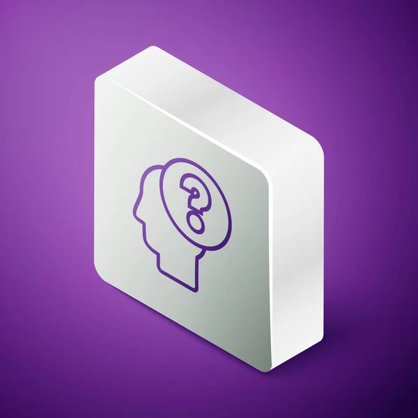 アイソメトリックライン紫色の背景に隔離されたクエスチョンマークのアイコンを持つ人間の頭 銀四角形のボタン ベクターイラスト — ストックベクタ