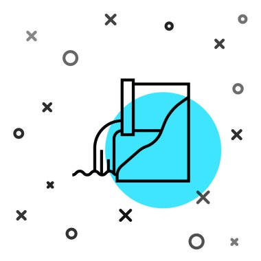 Siyah çizgi Atık Su simgesi beyaz arkaplanda izole edildi. Kanalizasyon borusu. Borudan nehre sıvı akıyor. Rastgele dinamik şekiller. Vektör İllüstrasyonu