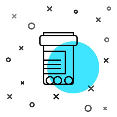 Siyah çizgi ilaç şişesi ve beyaz arka planda izole edilmiş hap ikonu. Şişe hapı işareti. Eczane tasarımı. Rastgele dinamik şekiller. Vektör İllüstrasyonu