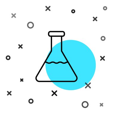 Siyah çizgi test tüpü ve beyaz arka planda izole edilmiş kimyasal test ikonu. Laboratuvar cam levhası. Rastgele dinamik şekiller. Vektör İllüstrasyonu