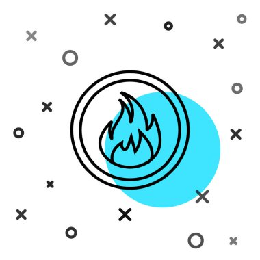 Siyah çizgi Ateş alev simgesi beyaz arkaplanda izole edildi. Rastgele dinamik şekiller. Vektör İllüstrasyonu