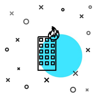 Şehir sokaklarındaki yanan binada siyah çizgi yangını. Beyaz arka planda izole edilmiş. Rastgele dinamik şekiller. Vektör İllüstrasyonu