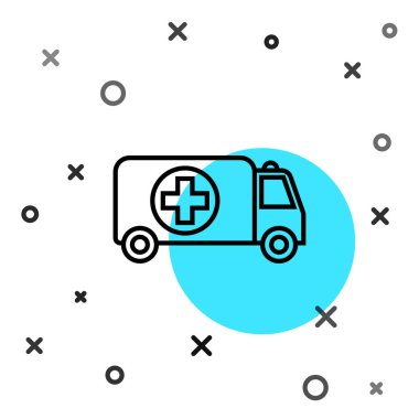 Siyah hat ambulans ve acil durum arabası ikonu beyaz arka planda izole edildi. Ambulans aracı tıbbi tahliye. Rastgele dinamik şekiller. Vektör İllüstrasyonu