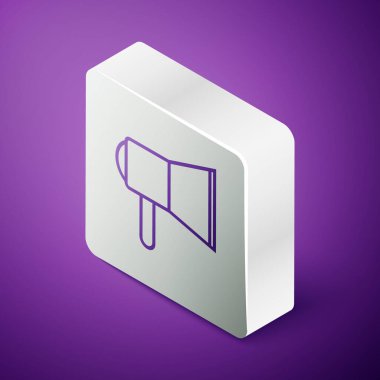 Megafon simgesi mor arkaplanda izole edilmiş. Sözcü işareti. Gümüş kare düğme. Vektör İllüstrasyonu