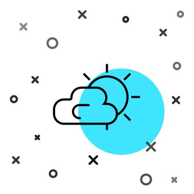 Siyah çizgi güneşi ve bulutlu hava durumu ikonu beyaz arkaplanda izole edildi. Rastgele dinamik şekiller. Vektör İllüstrasyonu