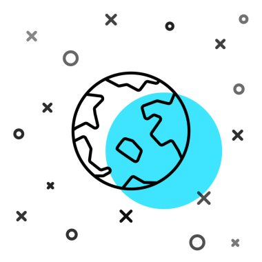 Siyah çizgi dünya simgesi beyaz arkaplanda izole edildi. Yerküreye iğnele. Rastgele dinamik şekiller. Vektör İllüstrasyonu