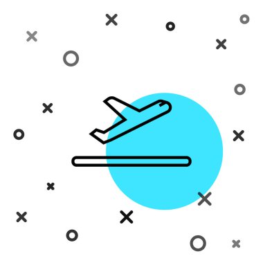 Siyah çizgi uçak kalkış ikonu beyaz arka planda izole edildi. Uçak taşıma sembolü. Rastgele dinamik şekiller. Vektör İllüstrasyonu