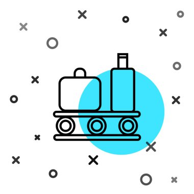 Beyaz arka planda siyah hat havaalanı taşıma bandı, bavul, çanta, bagaj ikonu var. Rastgele dinamik şekiller. Vektör İllüstrasyonu