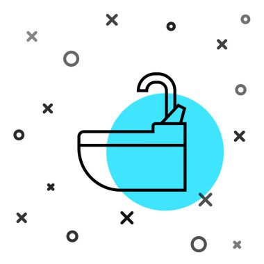 Beyaz zemin üzerinde su musluğu simgesi olan siyah çizgili lavabo. Rastgele dinamik şekiller. Vektör İllüstrasyonu