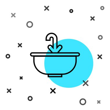 Beyaz zemin üzerinde su musluğu simgesi olan siyah çizgili lavabo. Rastgele dinamik şekiller. Vektör İllüstrasyonu