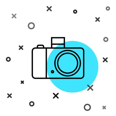 Siyah çizgi fotoğraf makinesi simgesi beyaz arkaplanda izole edildi. Fotoğraf makinesi simgesi. Rastgele dinamik şekiller. Vektör İllüstrasyonu