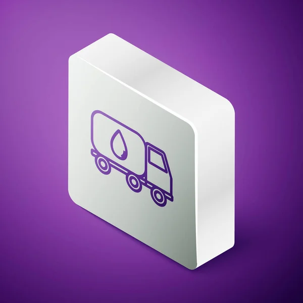 Isometric line Water delivery truck icon isolated on purple background. Silver square button. Vector Illustration