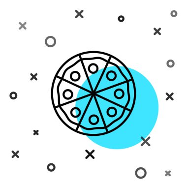 Siyah çizgi pizza simgesi beyaz arka planda izole edildi. Fast food menüsü. Rastgele dinamik şekiller. Vektör İllüstrasyonu