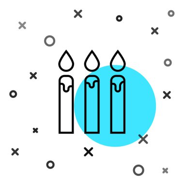 Beyaz arkaplanda siyah çizgi doğum günü pastası ikonu var. Rastgele dinamik şekiller. Vektör İllüstrasyonu