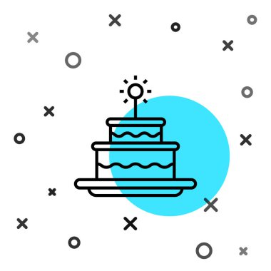 Beyaz arkaplanda izole edilmiş yanan mum simgesi olan siyah çizgi keki. Doğum günün kutlu olsun. Rastgele dinamik şekiller. Vektör İllüstrasyonu