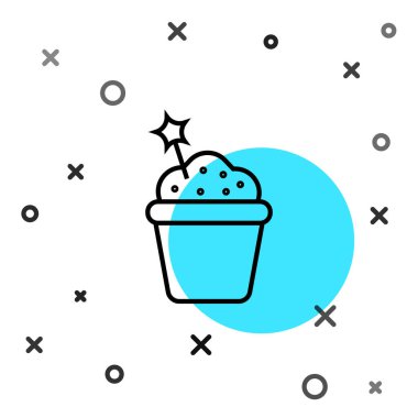 Beyaz arkaplanda siyah çizgi kek simgesi izole edildi. Doğum günün kutlu olsun. Rastgele dinamik şekiller. Vektör İllüstrasyonu