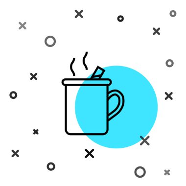 Siyah çizgi beyaz arka planda izole edilmiş bir bardak içki ve malzeme ikonu ile karıştırılmış şarap. Tarçın çubuğu, karanfil, limon dilimi. Rastgele dinamik şekiller. Vektör İllüstrasyonu