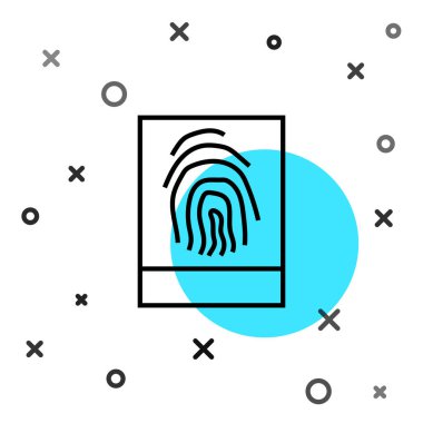 Beyaz arkaplanda siyah çizgi parmak izi simgesi izole edildi. Kimlik uygulaması simgesi. Kimlik işareti. Kimliğe dokun. Rastgele dinamik şekiller. Vektör İllüstrasyonu