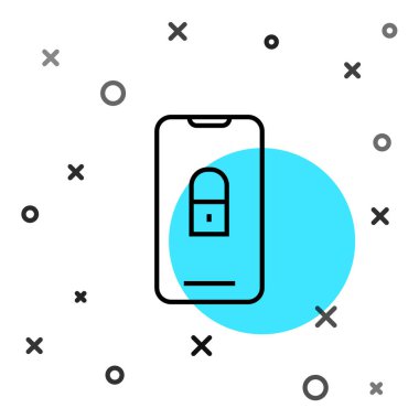 Beyaz arkaplanda izole edilmiş asma kilit simgesine sahip siyah çizgi akıllı telefon. Kilitli telefon. Gezici güvenlik, güvenlik, koruma konsepti. Rastgele dinamik şekiller. Vektör İllüstrasyonu