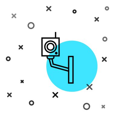 Siyah çizgi güvenlik kamerası simgesi beyaz arkaplanda izole edildi. Rastgele dinamik şekiller. Vektör İllüstrasyonu