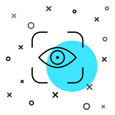 Siyah çizgi göz tarama simgesi beyaz arkaplanda izole edildi. Göz taraması yapılıyor. Güvenlik kontrol sembolü. Siber göz işareti. Rastgele dinamik şekiller. Vektör İllüstrasyonu