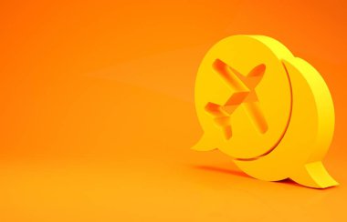 Turuncu arka planda izole edilmiş uçak seyahat ikonu olan sarı konuşma balonu. Uçak nakil işareti. Tatil sembolü. Minimalizm kavramı. 3d illüstrasyon 3d canlandırma