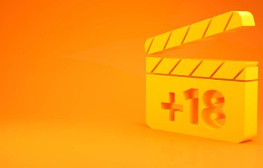 Turuncu arka planda 18 içerik simgesiyle Sarı Film alkışlaması. Yaş sınırlama sembolü. Yetişkin kanalı. Minimalizm kavramı. 3d illüstrasyon 3d canlandırma
