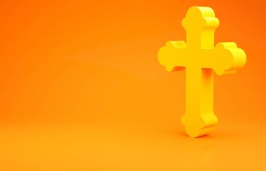 Sarı Hristiyan haç simgesi turuncu arka planda izole edildi. Kilise haçı. Minimalizm kavramı. 3d illüstrasyon 3B canlandırma