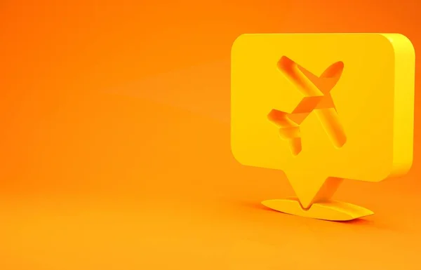 Bolha de fala amarela com ícone de viagem de avião isolado no fundo laranja. Avião sinal de transporte de voo. Símbolo de férias. Conceito de minimalismo. 3D ilustração 3D render — Fotografia de Stock