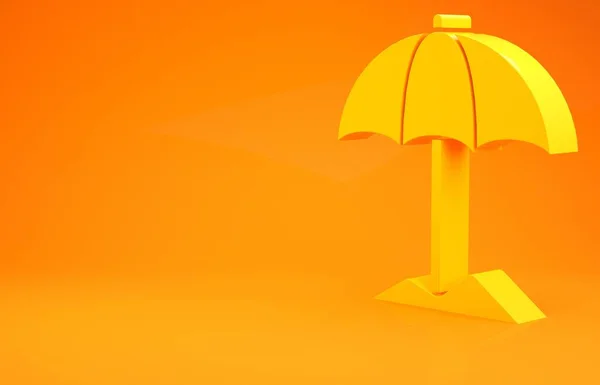 黄色的太阳保护伞,用于海滩图标隔离橙色背景.室外空间的大阳伞。海滩伞。最低纲领的概念。3d说明3d — 图库照片