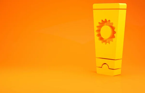 Желтый крем от загара в трубке значок изолирован на оранжевом фоне. Защита кожи от солнечного ультрафиолетового света. Концепция минимализма. 3D-рендеринг — стоковое фото