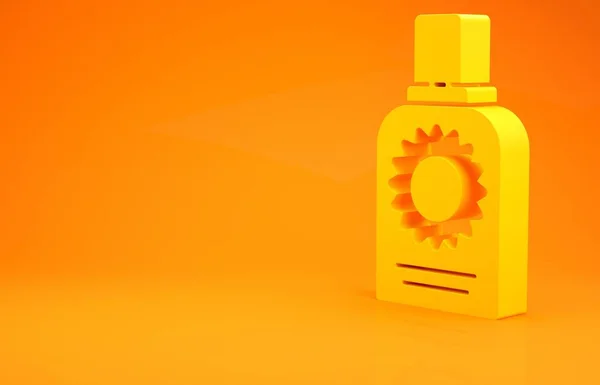 Gele zonnebrandcrème fles pictogram geïsoleerd op oranje achtergrond. Bescherming van de huid tegen ultraviolet zonlicht. Minimalisme concept. 3d illustratie 3d renderen — Stockfoto