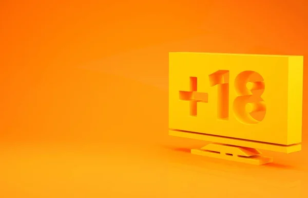Żółty monitor z 18 plus ikona zawartości odizolowana na pomarańczowym tle. Symbol ograniczenia wieku. Znak zawartości seksualnej. Kanał dla dorosłych. Koncepcja minimalizmu. Ilustracja 3d — Zdjęcie stockowe