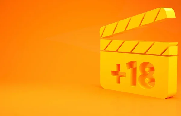 Yellow Movie clapper with 18 plus content icon isolated on orange background. Age restriction symbol. Adult channel. Minimalism concept. 3d illustration 3D render