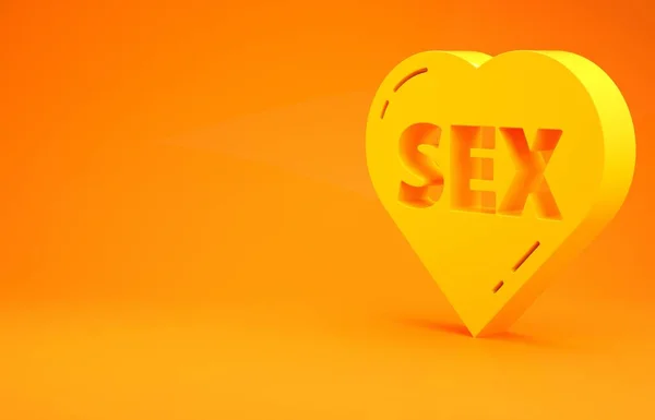 Cuore giallo con testo Icona del sesso isolata su sfondo arancione. Solo contenuti per adulti icona. Concetto minimalista. Illustrazione 3d rendering 3D — Foto Stock