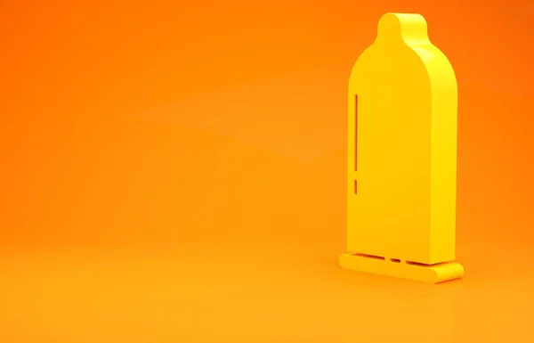 Ícone de sexo seguro preservativo amarelo isolado no fundo laranja. Símbolo de amor seguro. Método contraceptivo para homens. Conceito de minimalismo. 3D ilustração 3D render — Fotografia de Stock