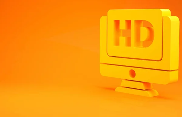 Turuncu arkaplanda Hd video teknolojisi ikonu olan sarı bilgisayar monitörü görüntüsü. Minimalizm kavramı. 3d illüstrasyon 3d canlandırma — Stok fotoğraf