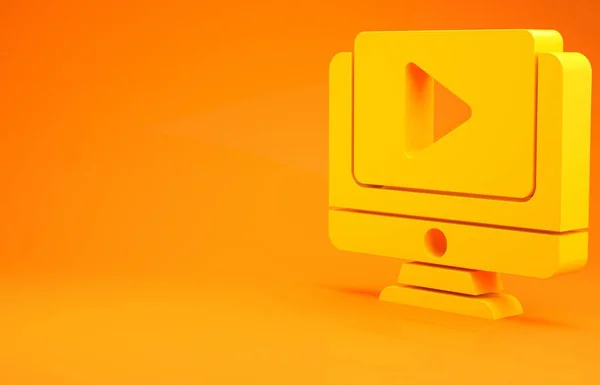 Κίτρινος Online εικονίδιο βίντεο παιχνιδιού απομονωμένο σε πορτοκαλί φόντο. Οθόνη υπολογιστή και ταινία ταινία με σήμα παιχνιδιού. Μινιμαλιστική έννοια. 3D απεικόνιση 3d καθιστούν — Φωτογραφία Αρχείου