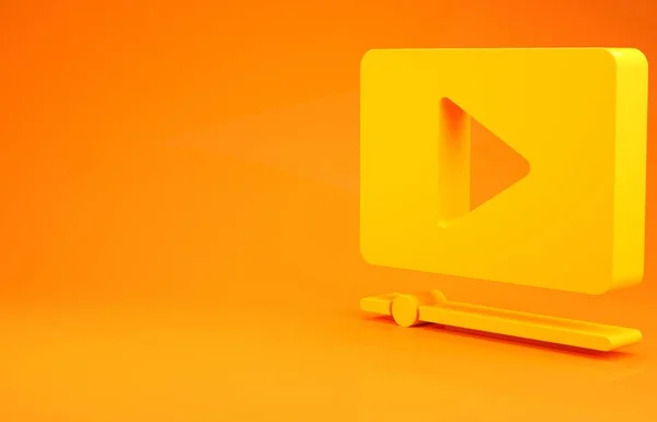 Jaune en ligne jouer icône vidéo isolé sur fond orange. Bande de film avec panneau de jeu. Concept de minimalisme. Illustration 3D rendu 3D — Photo