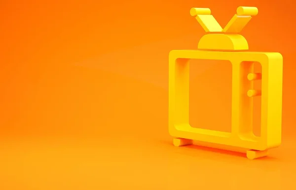 Иконка желтого телевизора Retro выделена на оранжевом фоне. Телевизионный знак. Концепция минимализма. 3D-рендеринг — стоковое фото