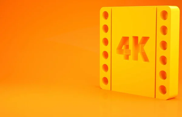 Yellow 4k movie, tape, frame icon isolated on orange background. Minimalism concept. 3d illustration 3D render
