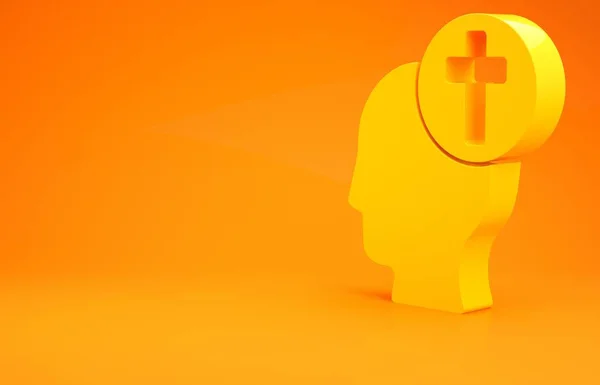Sárga emberi fej keresztény kereszt ikon elszigetelt narancs alapon. Minimalizmus koncepció. 3d illusztráció 3d render — Stock Fotó