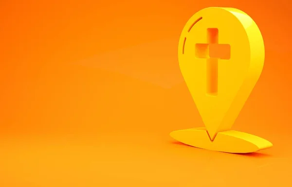 Yellow Map pointer with christian cross icon isolated on orange background. Minimalism concept. 3d illustration 3D render — Stock Photo, Image