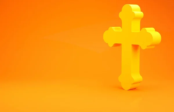 Icona croce cristiana gialla isolata su sfondo arancione. Croce della Chiesa. Concetto minimalista. Illustrazione 3d rendering 3D — Foto Stock