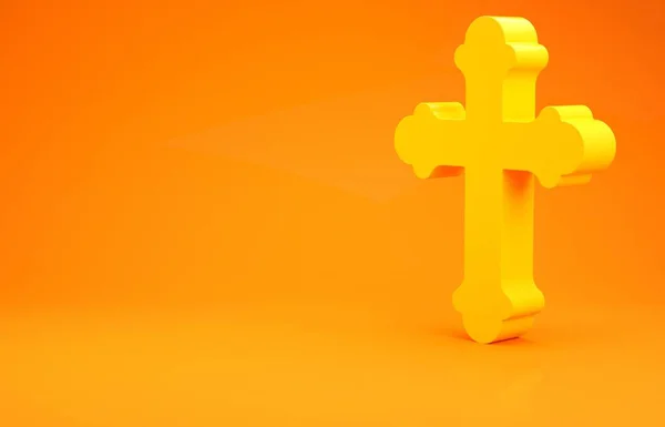 Gelbes christliches Kreuz auf orangefarbenem Hintergrund. Kirchenkreuz. Minimalismus-Konzept. 3D Illustration 3D Renderer — Stockfoto